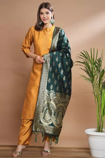 Mustard cotton silk blend designer festive wear readymade suit