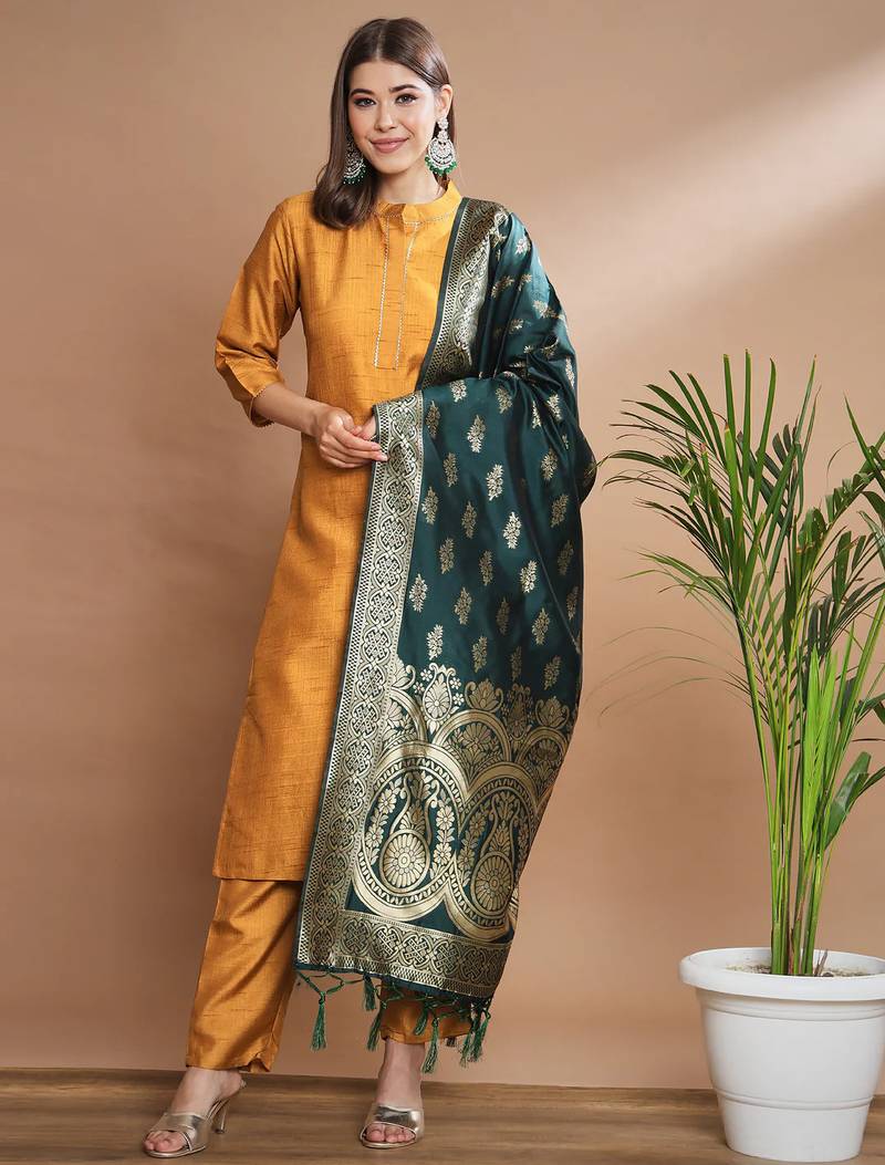 Mustard cotton silk blend designer festive wear readymade suit