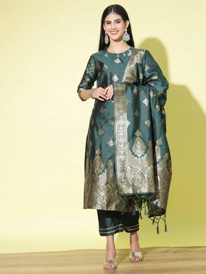 Green cotton silk jacquard designer festive wear readymade suit 1