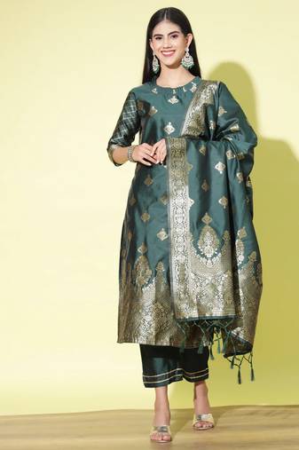 Green cotton silk jacquard designer festive wear readymade suit