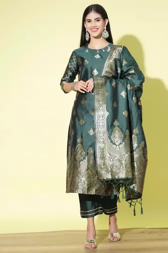 Green cotton silk jacquard designer festive wear readymade suit