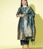 Green cotton silk jacquard designer festive wear readymade suit