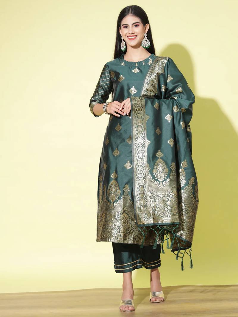 Green cotton silk jacquard designer festive wear readymade suit