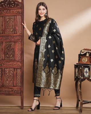 Black cotton silk jacquard designer festive wear readymade suit 2