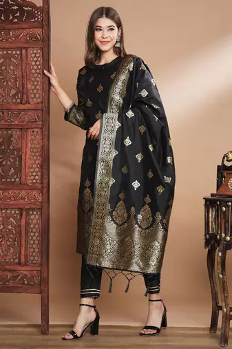 Black cotton silk jacquard designer festive wear readymade suit