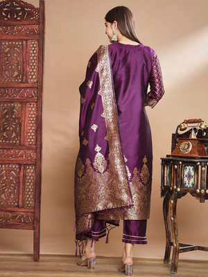 Purple cotton silk jacquard designer festive wear readymade suit 3