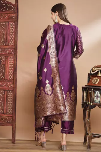 Purple cotton silk jacquard designer festive wear readymade suit
