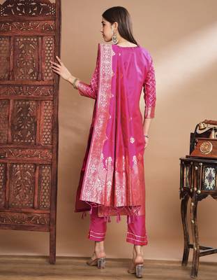 Pink cotton silk jacquard designer festive wear readymade suit 3
