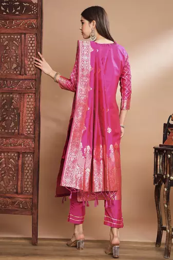 Pink cotton silk jacquard designer festive wear readymade suit