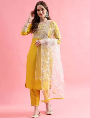 Yellow silk blend designer festive wear readymade suit 1