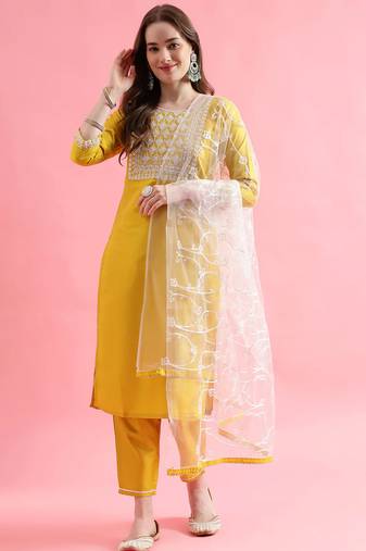 Yellow silk blend designer festive wear readymade suit