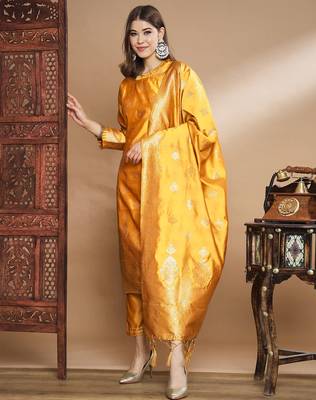 Yellow cotton silk jacquard designer festive wear readymade suit 2