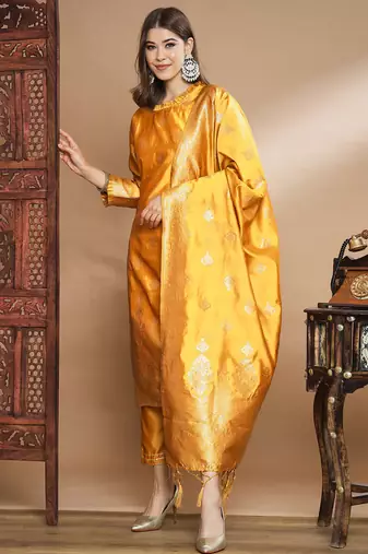 Yellow cotton silk jacquard designer festive wear readymade suit