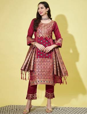 Maroon cotton silk jacquard designer festive wear readymade suit 1