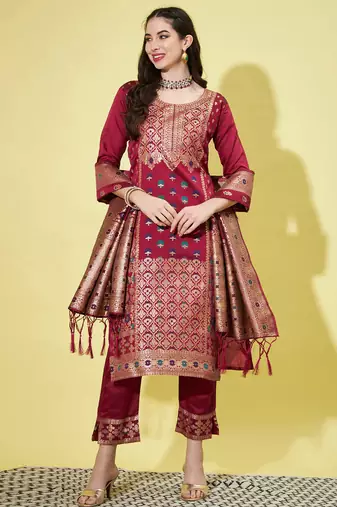 Maroon cotton silk jacquard designer festive wear readymade suit