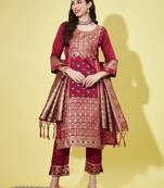 Maroon cotton silk jacquard designer festive wear readymade suit