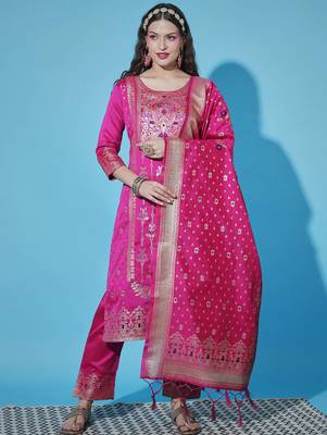 Pink cotton silk jacquard designer festive wear readymade suit 1