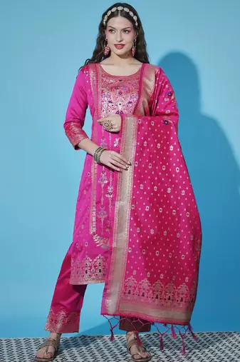 Pink cotton silk jacquard designer festive wear readymade suit