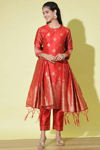 Red cotton silk jacquard designer festive wear readymade suit