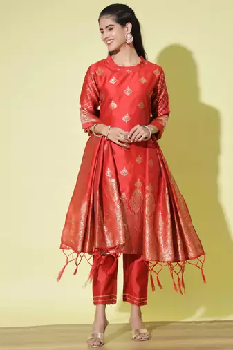 Red cotton silk jacquard designer festive wear readymade suit