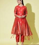 Red cotton silk jacquard designer festive wear readymade suit