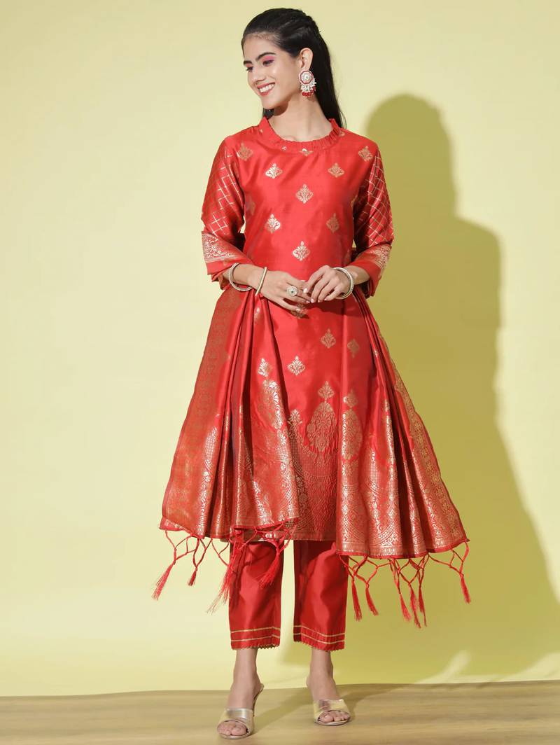 Red cotton silk jacquard designer festive wear readymade suit