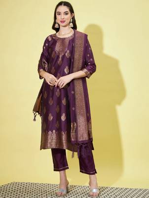 Purple cotton silk jacquard designer festive wear readymade suit 1