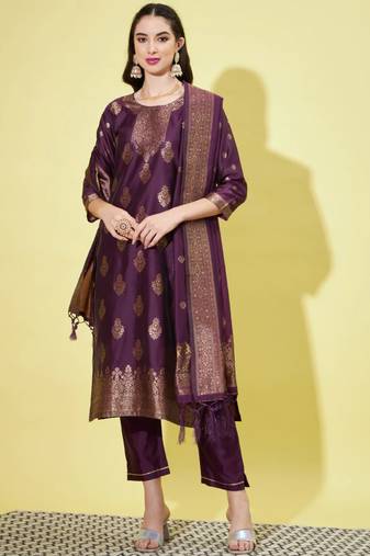 Purple cotton silk jacquard designer festive wear readymade suit
