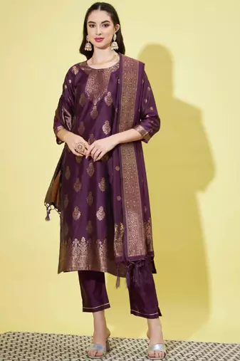 Purple cotton silk jacquard designer festive wear readymade suit