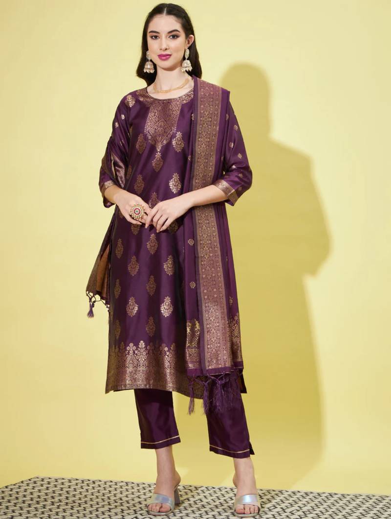 Purple cotton silk jacquard designer festive wear readymade suit