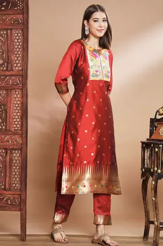 Maroon silk jacquard designer festive wear readymade suit