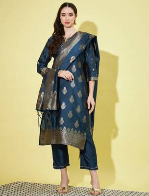 Blue cotton silk jacquard designer festive wear readymade suit 1