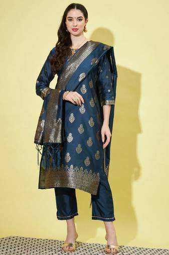 Blue cotton silk jacquard designer festive wear readymade suit