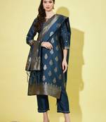 Blue cotton silk jacquard designer festive wear readymade suit