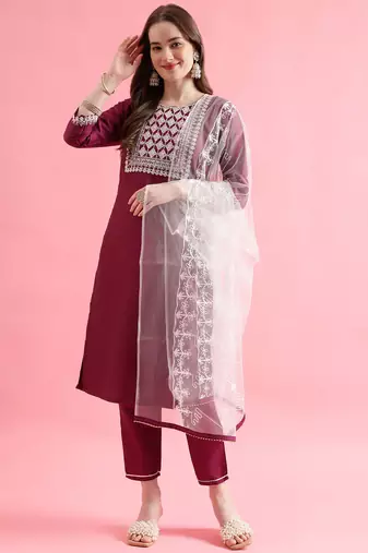 Purple silk blend designer festive wear readymade suit