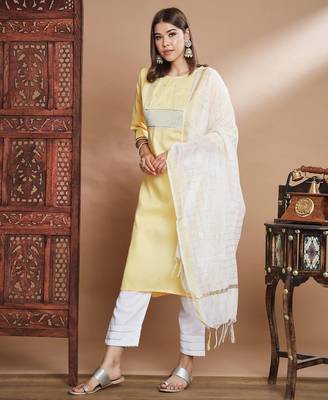 yellow fancy blended cotton kurta set 2