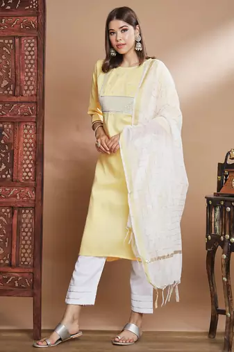 yellow fancy blended cotton kurta set