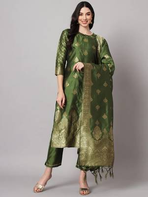 Mehandi cotton silk jacquard designer festive wear readymade suit 1