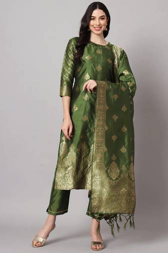 Mehandi cotton silk jacquard designer festive wear readymade suit