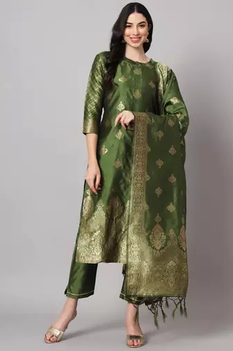 Mehandi cotton silk jacquard designer festive wear readymade suit