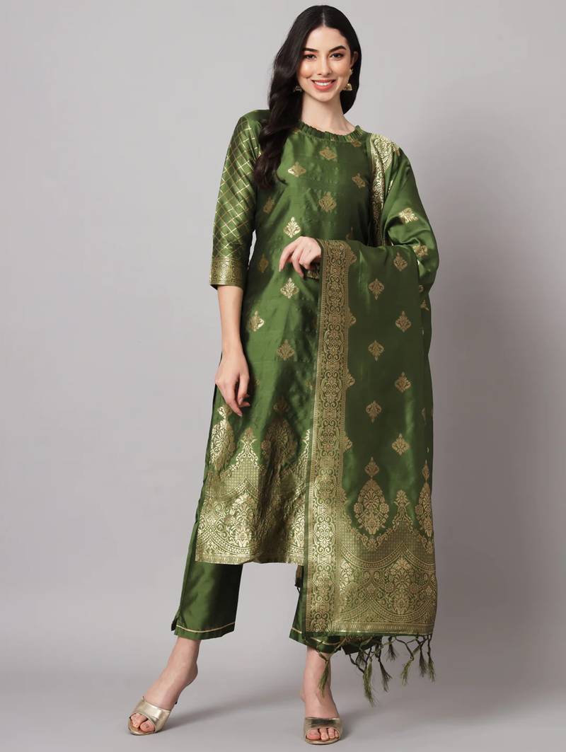 Mehandi cotton silk jacquard designer festive wear readymade suit
