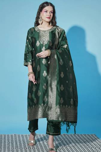 Green cotton silk jacquard designer festive wear readymade suit