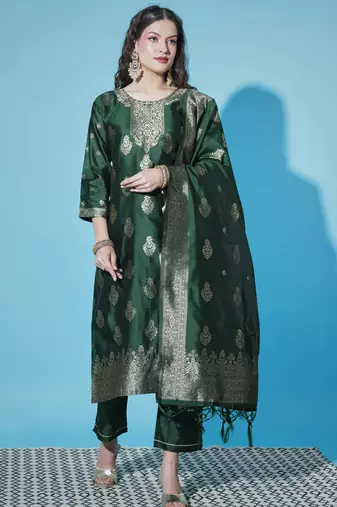Green cotton silk jacquard designer festive wear readymade suit