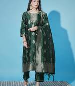 Green cotton silk jacquard designer festive wear readymade suit