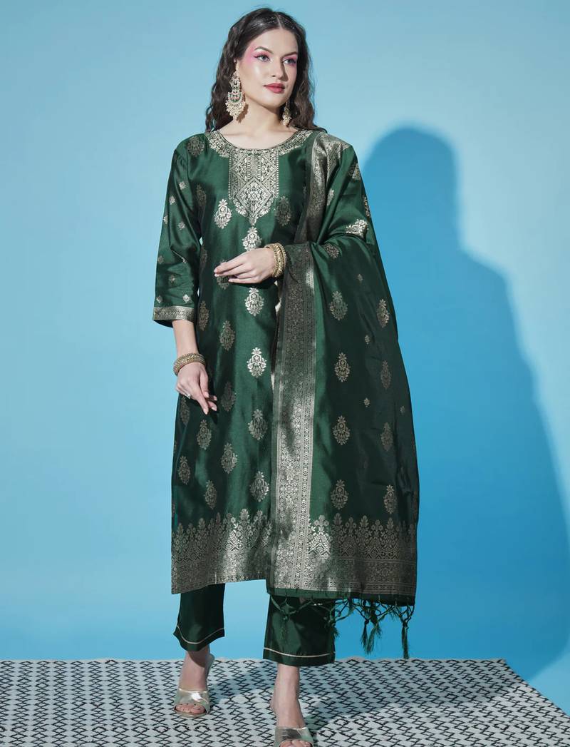 Green cotton silk jacquard designer festive wear readymade suit