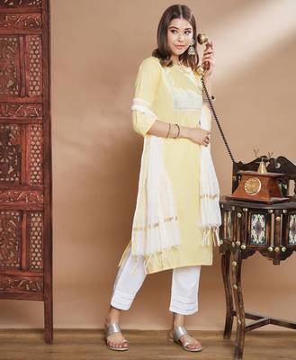 yellow fancy blended cotton kurta set 3