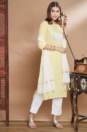 yellow fancy blended cotton kurta set