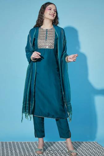Teal cotton silk jacquard designer festive wear readymade suit