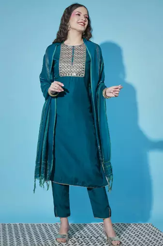 Teal cotton silk jacquard designer festive wear readymade suit