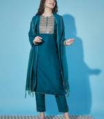 Teal cotton silk jacquard designer festive wear readymade suit